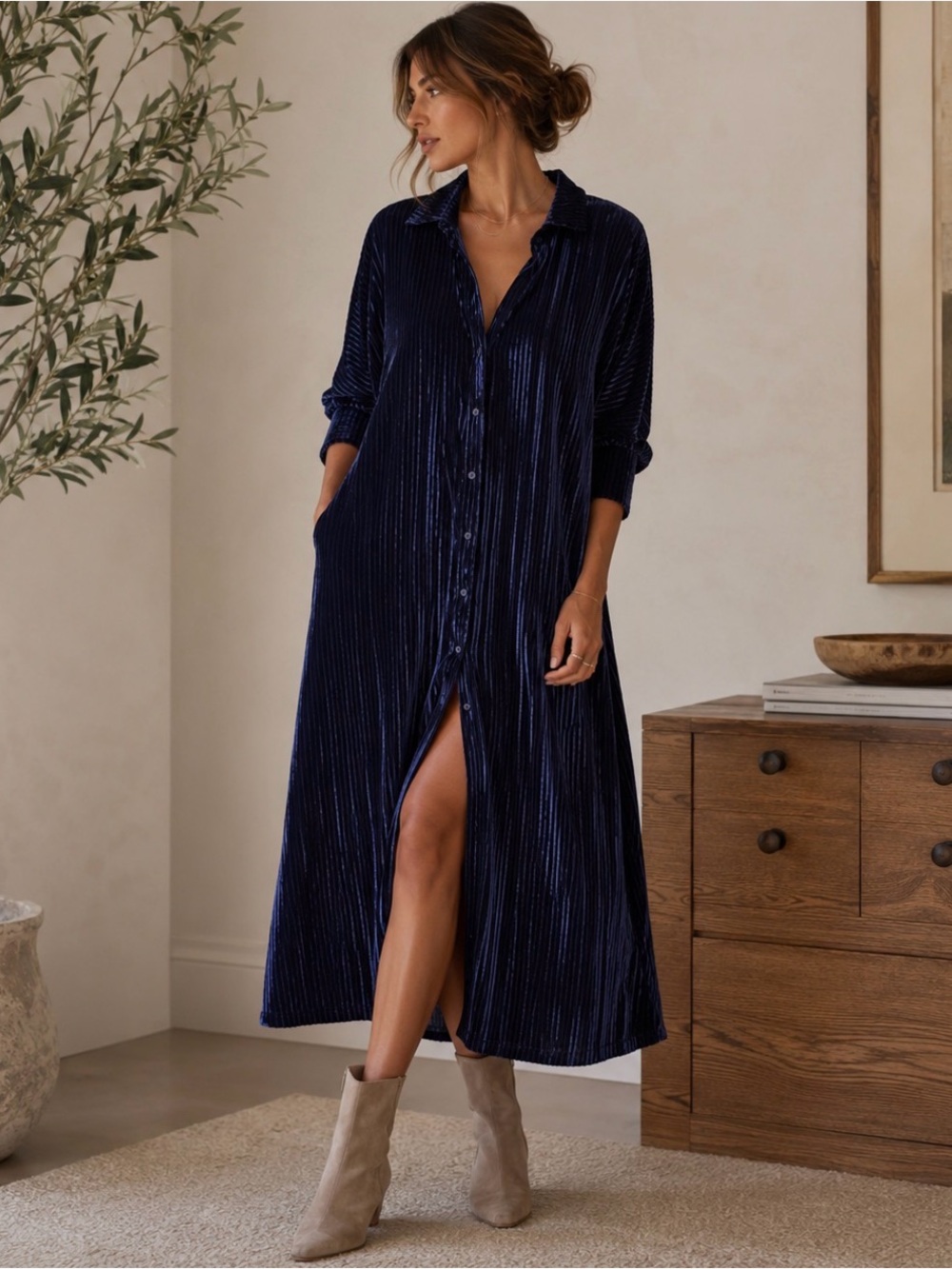 Umgee Velvet Midi Dress Navy Blue Relaxed Ribbed 3/4 Sleeves Holiday Swing Boho